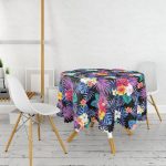 - MasaYuv-3372-Gorsel2 - Realhomes  Siyah Zeminde Rengarenk Çiçekler Tasarımlı Yuvarlak Masa Örtüsü - Çap 140cm Realhomes