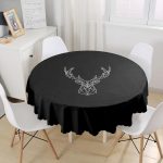 - MasaYuv-3408-Gorsel1 - Realhomes  Siyah Zeminli Geometrik Geyik Çizimli Modern Yuvarlak Masa Örtüsü - Çap 140cm Realhomes