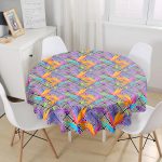 - MasaYuv-3543-Gorsel1 - Realhomes Geometrik Zeminde Tropikal Yapraklar Özel Tasarım Yuvarlak Masa Örtüsü - Çap 140cm Realhomes