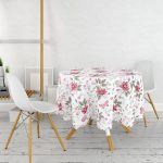 - MasaYuv-3824-Gorsel2 - Realhomes  Realhomes Beyaz Zeminde Pembe Çiçekler Dijital Baskılı Modern Yuvarlak Masa Örtüsü - Çap 140cm Realhomes