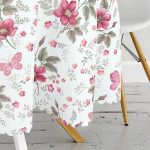 - MasaYuv-3824-Gorsel3 - Realhomes  Realhomes Beyaz Zeminde Pembe Çiçekler Dijital Baskılı Modern Yuvarlak Masa Örtüsü - Çap 140cm Realhomes
