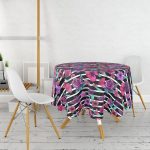 - MasaYuv-3944-Gorsel2 - Realhomes  Çizgili Zeminde Rengarenk Çiçekler Dijital Baskılı Modern Yuvarlak Masa Örtüsü - Çap 140cm Realhomes