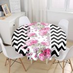 Siyah Zigzag Zeminde İlkbahar Çiçekleri Temalı Yuvarlak Masa Örtüsü - Çap 140cm Realhomes