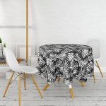 Siyah Zeminde Beyaz Yaprak Tasarımlı Dijital Baskılı Yuvarlak Masa Örtüsü - Çap 140cm Realhomes