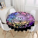 - MasaYuv-5009siyah-Gorsel1 - Realhomes  RealHomes Siyah Zeminde Renkli Üçüncü Göz Motifli Yuvarlak Masa Örtüsü - Çap 140cm Realhomes