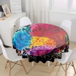 Siyah Zeminde Renkli Uzak Doğu Denge İkonlu Dijital Baskılı Yuvarlak Masa Örtüsü - Çap 140cm Realhomes