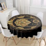 - MasaYuv-5030-Gorsel1 - Realhomes Siyah Zeminde Gold Hilal İçerisinde Üçüncü Göz Motifli Dijital Baskılı Yuvarlak Masa Örtüsü - Çap 140cm Realhomes