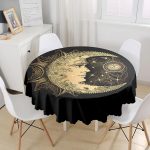 - MasaYuv-5038-Gorsel1 - Realhomes RealHomes Özel Tasarım Gold Ay Desenli Saat Yuvarlak Masa Örtüsü - Çap 140cm Realhomes
