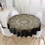 Siyah Zeminde Gold Mandala Motifli Yuvarlak Masa Örtüsü - Çap 140cm Realhomes