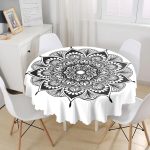 Beyaz Zeminde Çiçek Mandala Desenli Yuvarlak Masa Örtüsü - Çap 140cm Realhomes