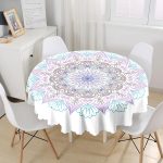 - MasaYuv-5132-Gorsel1 - Realhomes  Beyaz Zeminde Açık Renkte Mandala Yuvarlak Masa Örtüsü - Çap 140cm Realhomes