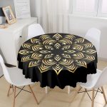 Siyah Zeminde Gold Mandala Motifli Yuvarlak Masa Örtüsü - Çap 140cm Realhomes