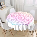 - MasaYuv-5136-Gorsel1 - Realhomes Beyaz Zeminde Pembe Mavi Mandala Desenli Özel Tasarım Yuvarlak Masa Örtüsü - Çap 140cm Realhomes