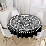 Siyah Beyaz Çiçek Desenli Mandala Motifli Yuvarlak Masa Örtüsü - Çap 140cm Realhomes