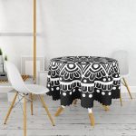 Siyah Beyaz Çiçek Desenli Mandala Motifli Yuvarlak Masa Örtüsü - Çap 140cm Realhomes