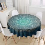 - MasaYuv-5140-Gorsel1 - Realhomes  Lacivet Desenli Gold Mandla Motifli Yuvarlak Masa Örtüsü - Çap 140cm Realhomes