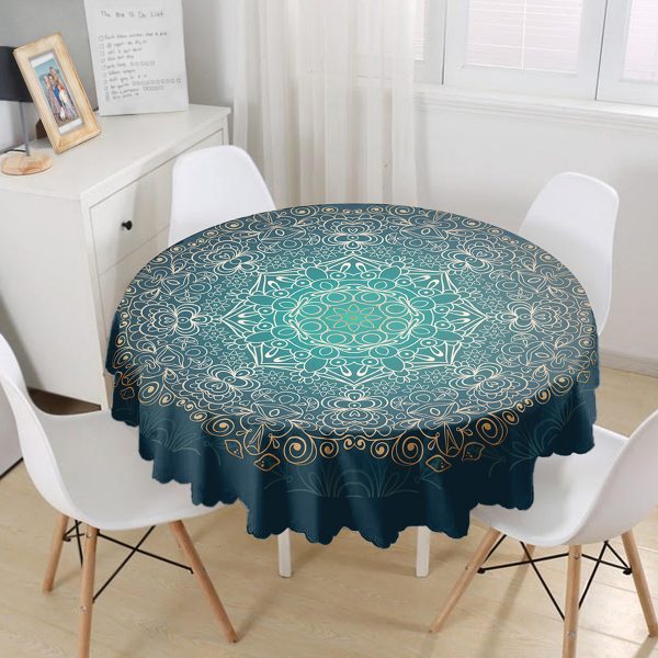 - MasaYuv-5140-Gorsel1 - Realhomes  Beyaz Zemin Üzerinde Çini Desenli Dijital Baskılı Modern Yuvarlak Masa Örtüsü - Çap 140cm Realhomes