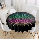 - MasaYuv-5144-Gorsel1 - Realhomes Siyah Zeminde Pembe Yeşil Mandala Motifli Yuvarlak Masa Örtüsü - Çap 140cm Realhomes