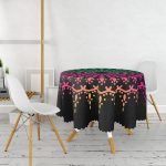 - MasaYuv-5144-Gorsel2 - Realhomes Siyah Zeminde Pembe Yeşil Mandala Motifli Yuvarlak Masa Örtüsü - Çap 140cm Realhomes
