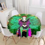 Tropik Yapraklar İçerisinde Frida Motifli Dijital Baskılı Yuvarlak Masa Örtüsü - Çap 140cm Realhomes