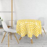 Sarı Zeminde Geometrik Kare Motifli Yuvarlak Masa Örtüsü - Çap 140cm Realhomes