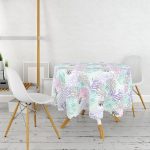 Beyaz Zemin Üzerinde Sulu BoYa Renkli Yaprak Çizimli Modern Yuvarlak Masa Örtüsü - Çap 140cm Realhomes