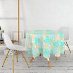 - MasaYuv-5266-Gorsel2 - Realhomes Mavi Ve Pembe Yaprak Çizimli Özel Tasarım Dijital Baskılı Yuvarlak Masa Örtüsü - Çap 140cm Realhomes