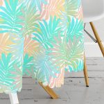 - MasaYuv-5266-Gorsel3 - Realhomes Mavi Ve Pembe Yaprak Çizimli Özel Tasarım Dijital Baskılı Yuvarlak Masa Örtüsü - Çap 140cm Realhomes