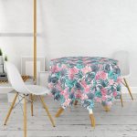 Pembe Zeminde Canlı Tropik Yaprakları Dijital Baskılı Yuvarlak Masa Örtüsü - Çap 140cm Realhomes