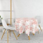 - MasaYuv-5341-Gorsel2 - Realhomes Gri Zemin Üzerinde Pembe Beyaz Yaprak Motifli Yuvarlak Masa Örtüsü - Çap 140cm Realhomes