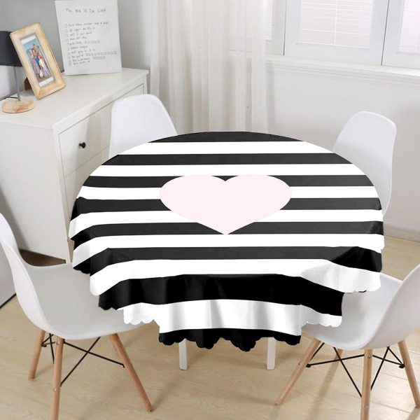 - MasaYuv-535-Gorsel1 - Realhomes  Beyaz Zeminli Siyah Ekose Desenli Dijital Baskılı Modern Yuvarlak Masa Örtüsü - Çap 140cm Realhomes