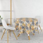 - MasaYuv-5351-Gorsel2 - Realhomes Renkli Yapraklar Üzerinde Nokta Tasarımlı Yuvarlak Masa Örtüsü - Çap 140cm Realhomes