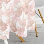 Beyaz Zemin Üzerinde Pembe Tropikal Yaprak Desenli Modern Yuvarlak Masa Örtüsü - Çap 140cm Realhomes