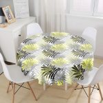 - MasaYuv-5358-Gorsel1 - Realhomes  Sarı Yapraklar Üzerinde Nokta Tasarımlı Yuvarlak Masa Örtüsü - Çap 140cm Realhomes