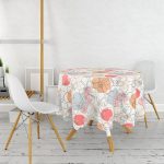 Kırmızı Ve Turuncu Puantiyeli Zeminde Karakalem Çiçek Motifli Yuvarlak Masa Örtüsü - Çap 140cm Realhomes
