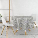 Gri Zemin Üzerinde Lacivert Yazı Motifli Yuvarlak Masa Örtüsü - Çap 140cm Realhomes