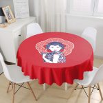 - MasaYuv-5819-Gorsel1 - Realhomes Kırmızı Zeminli Köpek Tutan Hanım Desenli Modern Yuvarlak Masa Örtüsü - Çap 140cm Realhomes
