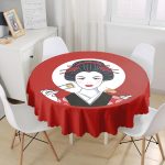 Suşi Yiyen Japon Kız Motifli Modern Yuvarlak Masa Örtüsü - Çap 140cm Realhomes