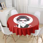 - MasaYuv-5862-Gorsel1 - Realhomes Gözlüklü Cool Japon Kadın Desenli Yuvarlak Masa Örtüsü - Çap 140cm Realhomes