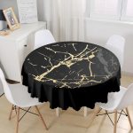 Siyah Gold Detaylı Mermer Tasarımlı Dijital Baskılı Yuvarlak Masa Örtüsü - Çap 140cm Realhomes