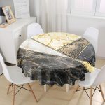 Modern Siyah Beyaz Geometrik Mermer Desenli Altın Çizgili Yuvarlak Masa Örtüsü - Çap 140cm Realhomes
