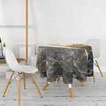 Modern Siyah Beyaz Geometrik Mermer Desenli Altın Çizgili Yuvarlak Masa Örtüsü - Çap 140cm Realhomes