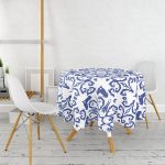 - MasaYuv-6050-Gorsel2 - Realhomes Mavi Beyaz Seramik Damask Özel Tasarım Yuvarlak Masa Örtüsü - Çap 140cm Realhomes