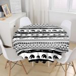 Siyah Beyaz Renkli Etnik Fil Desen Tasarımlı Yuvarlak Masa Örtüsü - Çap 140cm Realhomes