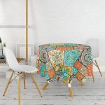 - MasaYuv-6337-Gorsel2 - Realhomes Etnik Lacivert Üç Büyük Kare Desen Tasarımlı Yuvarlak Masa Örtüsü - Çap 140cm Realhomes