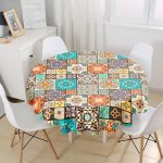 - MasaYuv-6338-Gorsel1 - Realhomes Etnik Krem Üç Büyük Kare Desen Tasarımlı Yuvarlak Masa Örtüsü - Çap 140cm Realhomes