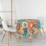 - MasaYuv-6338-Gorsel2 - Realhomes Etnik Krem Üç Büyük Kare Desen Tasarımlı Yuvarlak Masa Örtüsü - Çap 140cm Realhomes