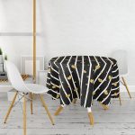 - MasaYuv-6478-Gorsel2 - Realhomes Siyah Zemin Beyaz Çizgi Tasarımlı Hardal Kalp Motifli Yuvarlak Masa Örtüsü - Çap 140cm Realhomes