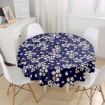 Lacivert Zeminde Papatya Baskılı Özel Tasarım Yuvarlak Masa Örtüsü - Çap 140cm Realhomes