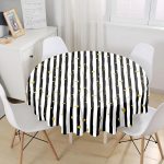 - MasaYuv-6696-Gorsel1 - Realhomes Siyah Beyaz Sütun Çizgiler Üzerine Hardal Kalp Motifli Yuvarlak Masa Örtüsü - Çap 140cm Realhomes
